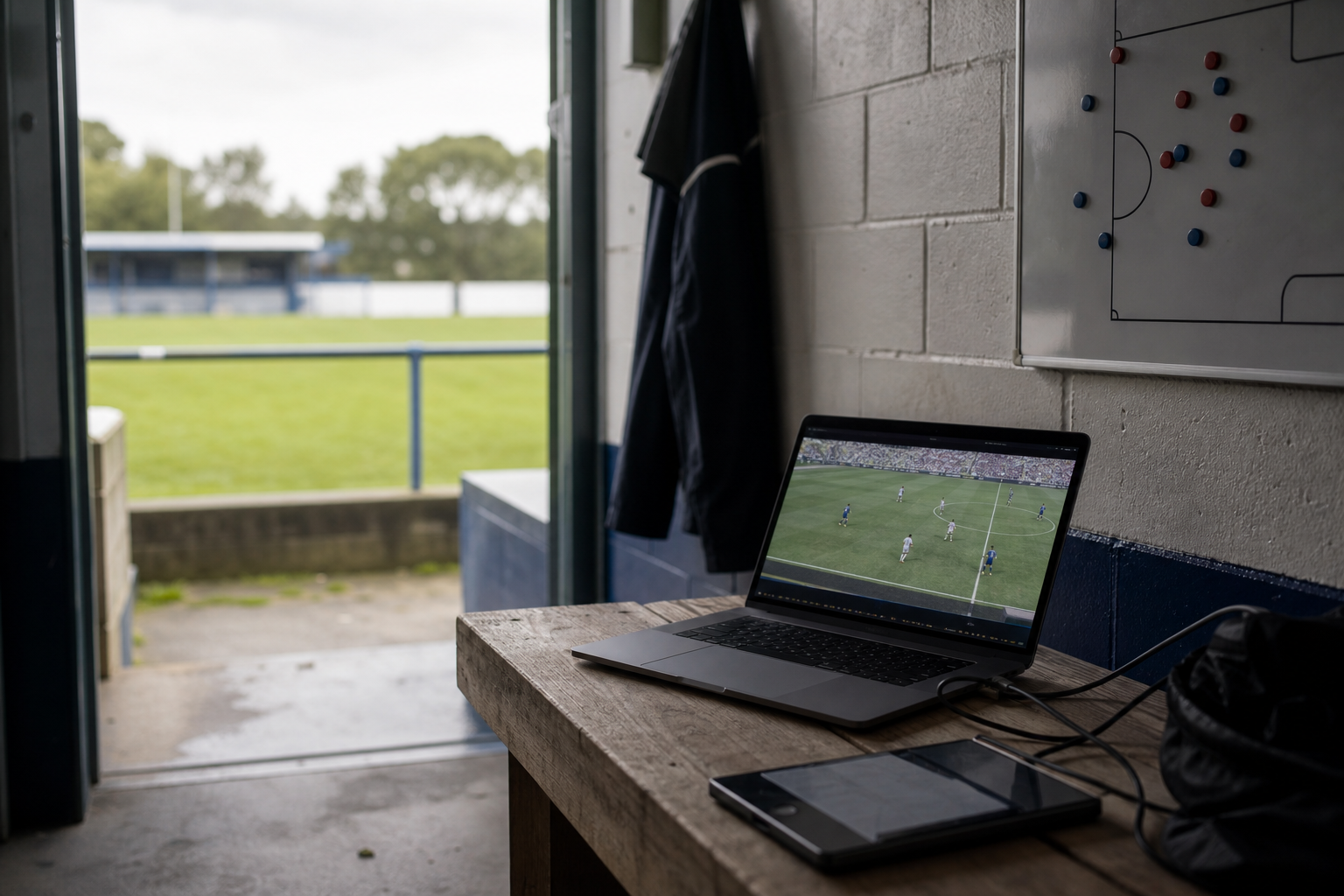 Arbeitsplatz am Spielfeldrand mit Laptop für Videoanalyse